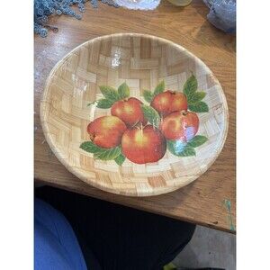 Vintage Faux Woven Basket Melamine Serving Bowl Apple Fruit Graphic Tan 10 Inch‎